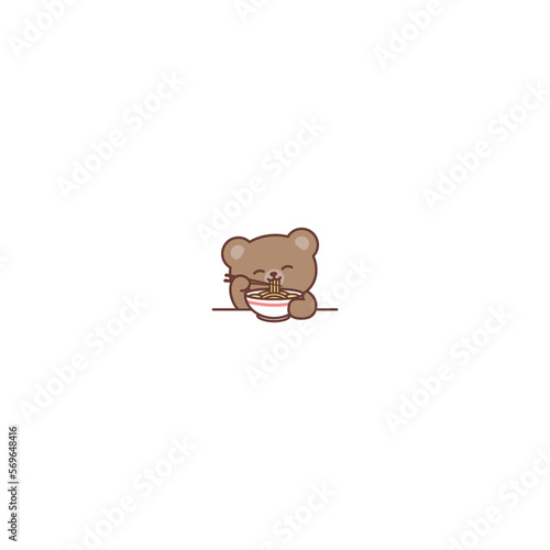 Cute brown bear eating ramen noodle cartoon, vector illustration
