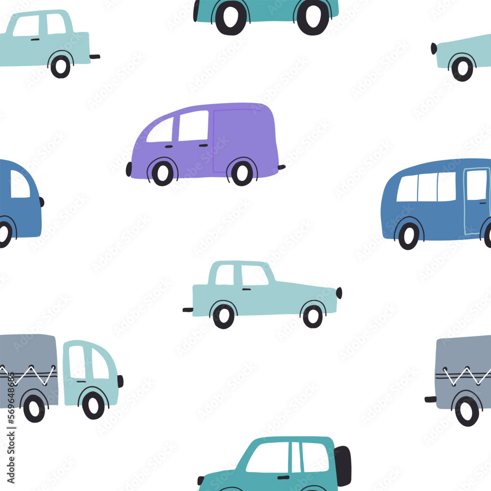 Seamless childish pattern with hand drawn cartoon cars. Creative kids texture for fabric, wrapping, textile, wallpaper, apparel. Vector illustration Seamless childish pattern with hand drawn cartoon cars. Creative kids texture for fabric, wrapping, textile, wallpaper, apparel. Vector illustration