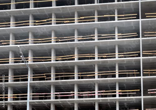 View of the facade of an unfinished construction of a building using monolithic frame technology