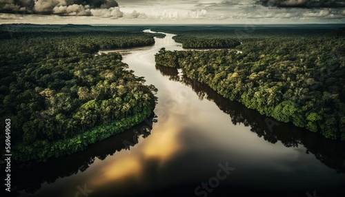 A beautiful amazon river landscape background with cinematic sky and calm water generative ai
