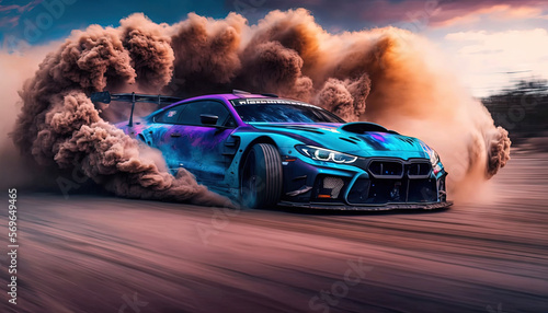 a blue bmw m8 gts drifting on a dirt road photo