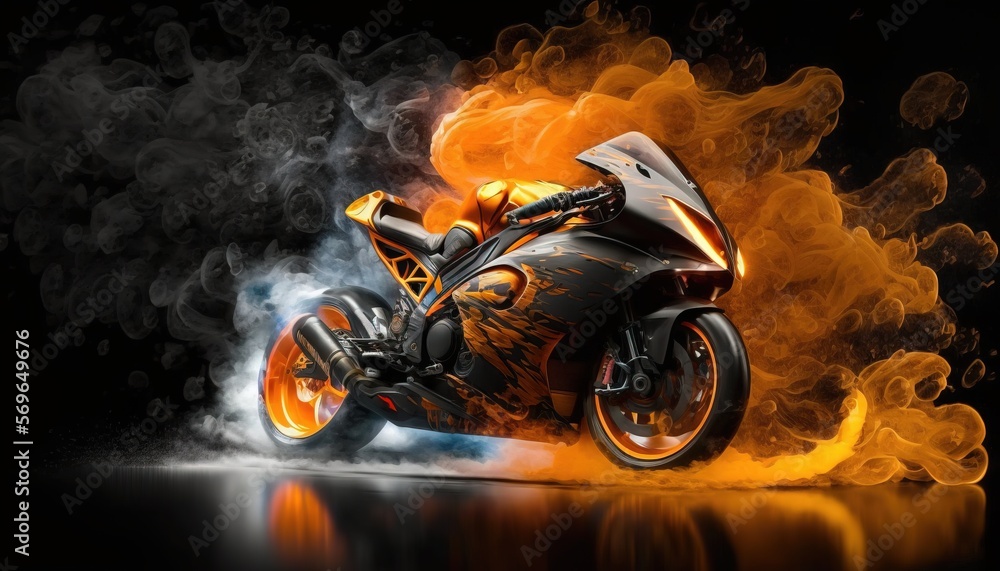 a motorcycle with a lot of orange and yellow smoke coming out of it's