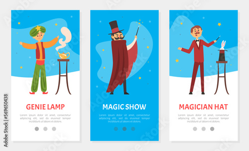 Advertisement Banner with Man Illusionist or Magician at Circus Performing on Stage or Arena Vector Template