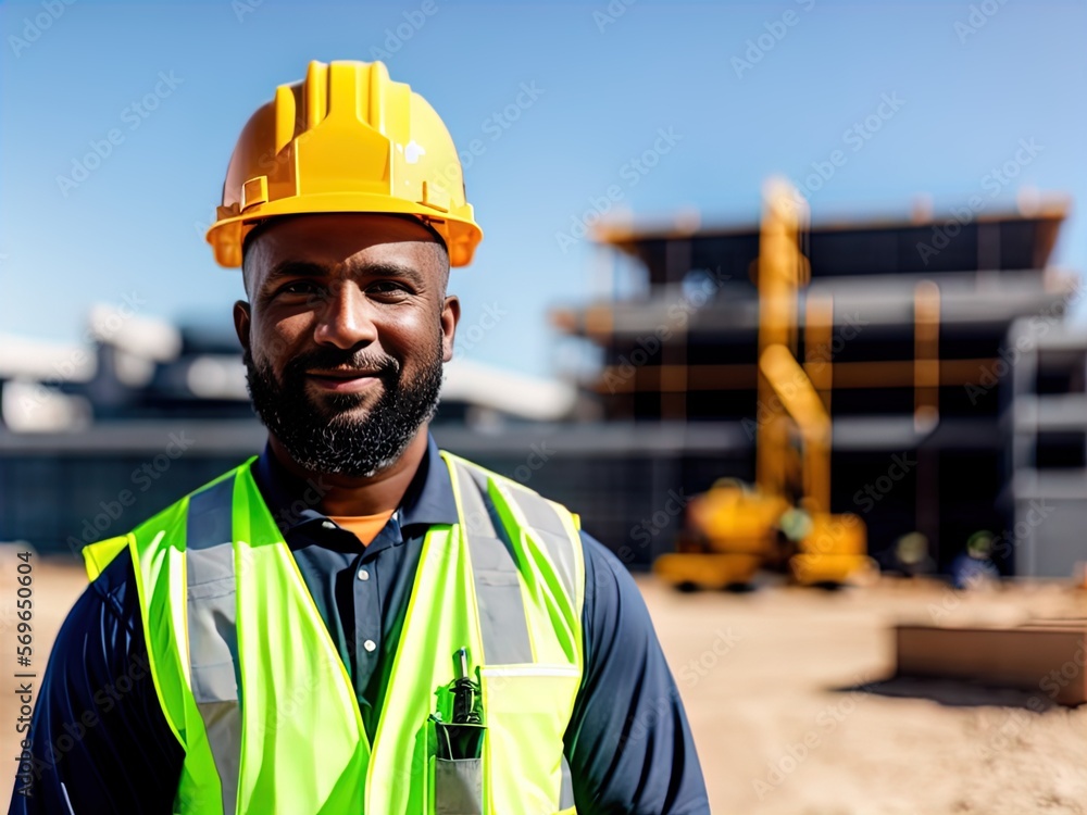Man wearing hard hat on a construction site. Made with Generative AI. Man wearing hard hat on a construction site. Made with Generative AI.