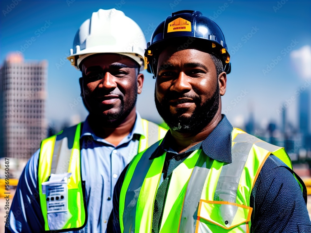 Fototapeta premium Man wearing hard hat on a construction site. Made with Generative AI. 