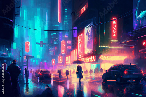 Illuminated Urban Nightscape with Colorful Neon Signs