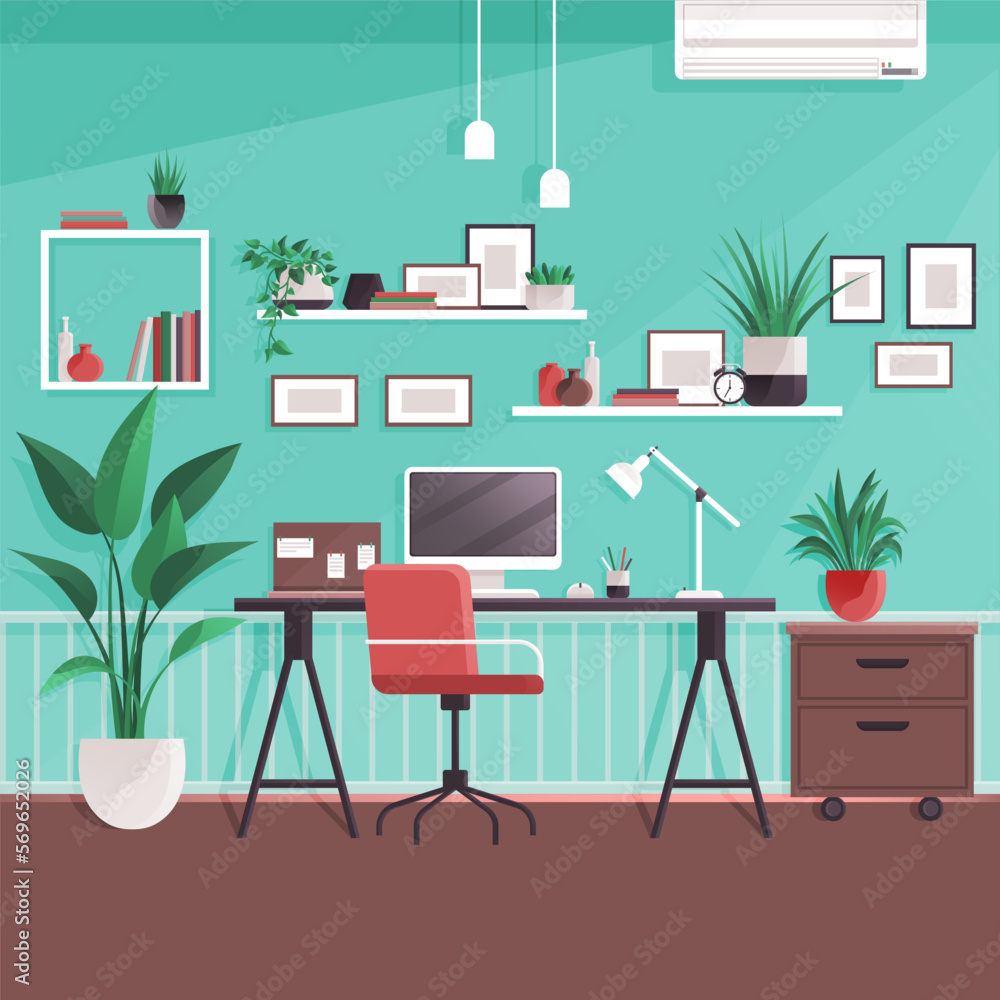Modern home office interior. Remote workplace with desk, chair, computer and potted plants. Front view of empty working place with furniture. Interior for freelancer. Work table with wheelchair Modern home office interior. Remote workplace with desk, chair, computer and potted plants. Front view of empty working place with furniture. Interior for freelancer. Work table with wheelchair