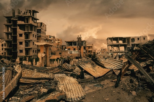 Destroyed houses and ruined apartment building photo