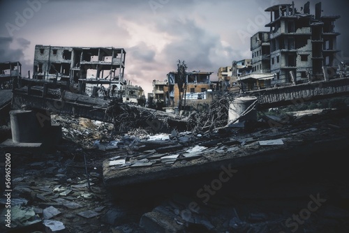 Obraz w ramie Destroyed houses and ruined apartment building