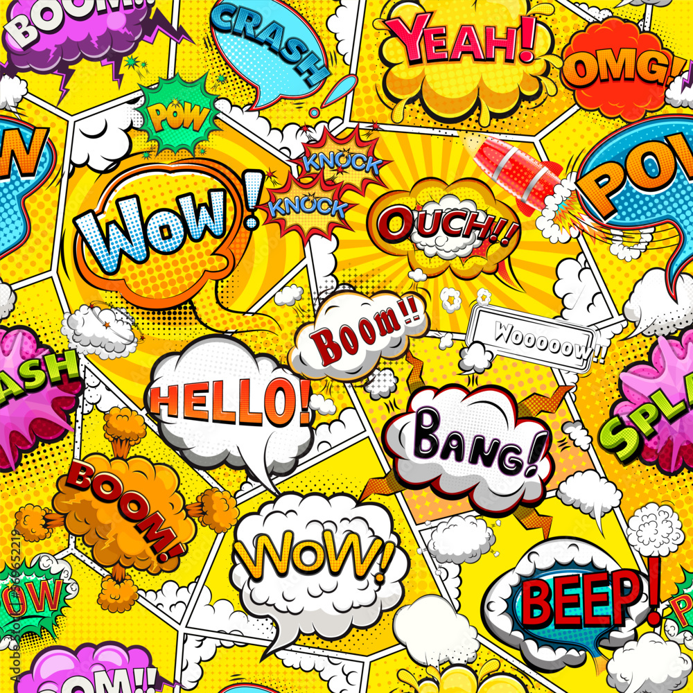 Comic book page divided by lines seamless pattern on yellow background with speech bubbles. Vector illustration

