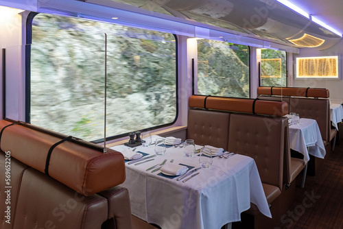 Canvas Print Interior of the gold leaf Rocky Mountaineer dining car train wagon while riding in British Columbia, Canada