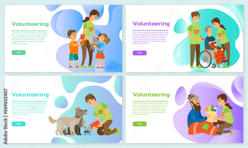 Volunteering online help people with disabilities, assistance to orphans, caring to elderly people and animals. Charity donation website landing page tamplate. People help an elderly man in wheelchair