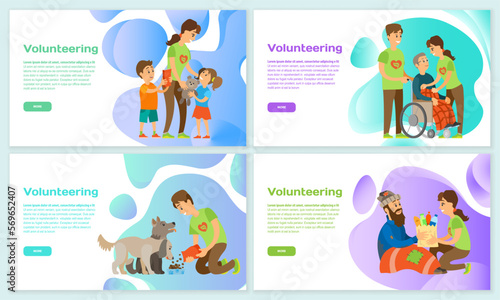Volunteering online help people with disabilities, assistance to orphans, caring to elderly people and animals. Charity donation website landing page tamplate. People help an elderly man in wheelchair