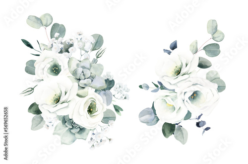Watercolor Bouquet with White Lisianthus, Succulent and Eucalyptus. Perfect for invitation and social media. photo