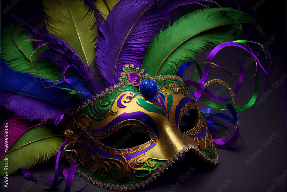 Festive Grouping of mardi gras, venetian or carnivale mask illsutration on a purple background. Generating Ai.