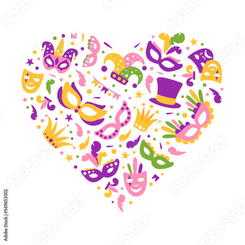 Bright Mardi Gras or Fat Tuesday Carnival Celebration with Mask and Feather Arranged in Heart Vector Template