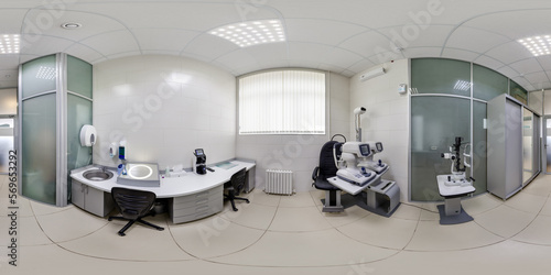 full seamless hdri 360 panorama inside interior of modern research medical laboratory or ophthalmological clinic with equipment  in equirectangular spherical projection