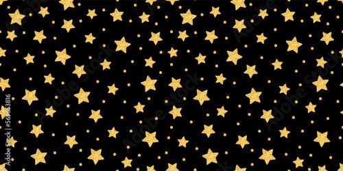 Golden stars on black background, seamless pattern, vector illustration.