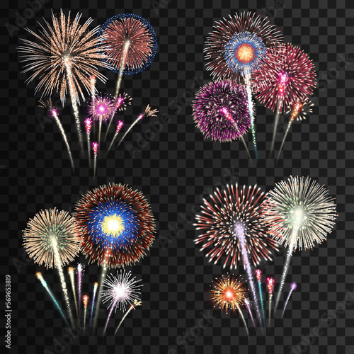 Groups of realistic fireworks isolated on transparent background. Vector illustration.
 photo