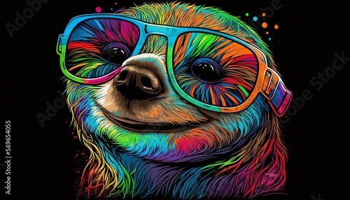 Colorful abstract line art happy animal with sunglasses sluth photo