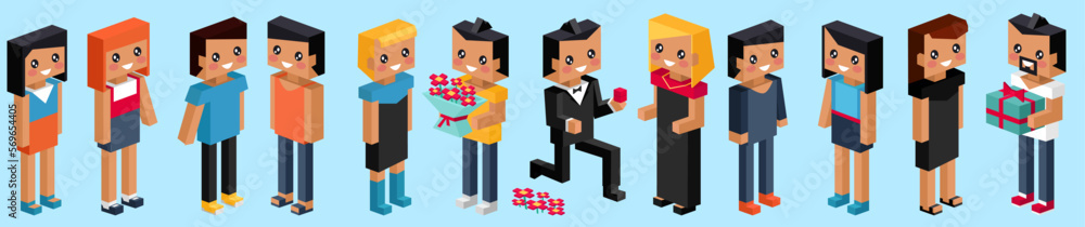 Obraz premium Valentine day concept. Pixel set of sweet couple on honeymoon vacation summer holidays romance. Love isometric concept. Happy Valentines Day 14 februare. Love, honesty, romantic, relationship