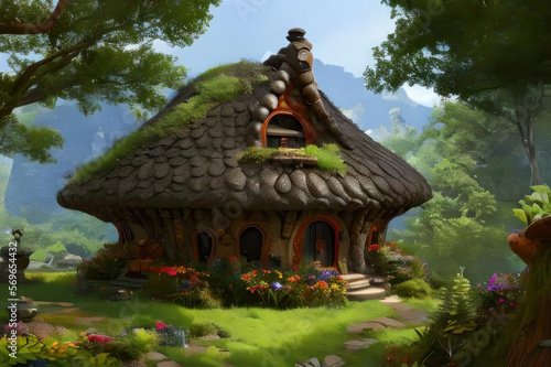 Fairytale house in the forest. AI generated.