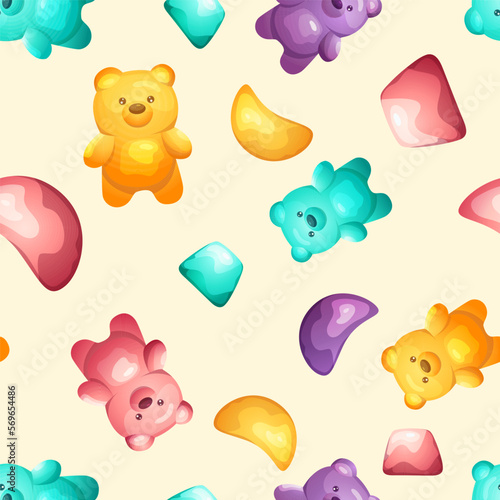 Seamless pattern with colorful sweet jelly bears and fruit candies. Texture for children fabric, kids wallpaper, decorative print. Vector cartoon illustration