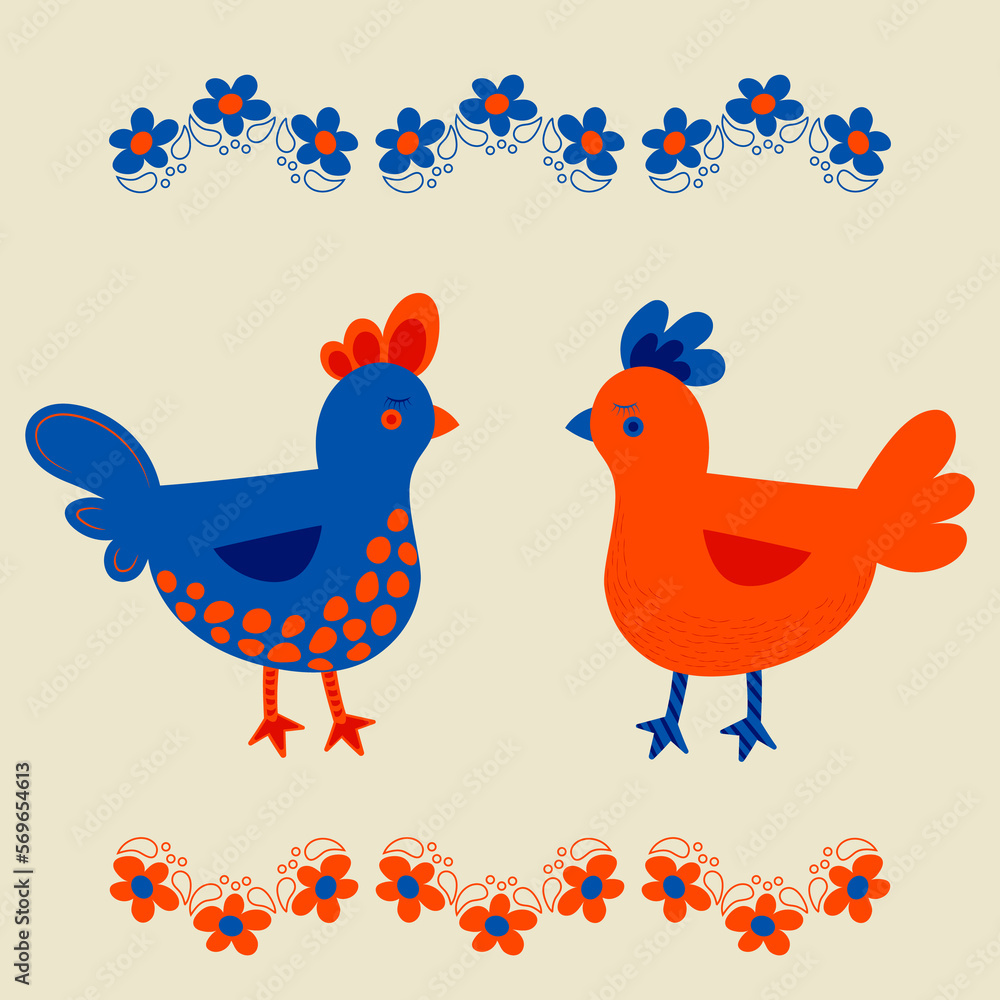 Vector cartoon chick character hen and rooster. Chicken family made in simple doodle style Vector cartoon chick character hen and rooster. Chicken family made in simple doodle style