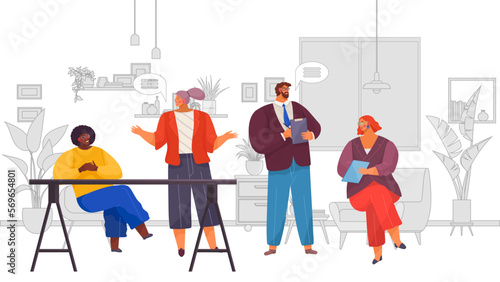 Business meeting in office. People on presentation corporate conference discuss project. Businessman at project strategy appointment. Team seminar. Manager presents financial report of company