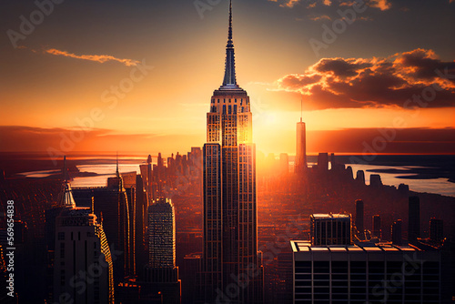 Empire State Building, aerial view. Manhattan Financial District Skyline. New York City skyscraper at sunset. NYC skyscrapers Cityscape. Midtown Manhattan, New York city, Ai Generative illustration. photo