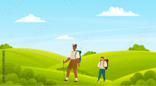Couple travelers with backpacks and hiking stick walking together. Outdoor travelling and nature camping. Tourists on trip stand on green lawn. Tracking through mountains and trails, adventure time