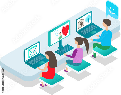 Social media app with red heart, photo cam, e-mail symbols, young people using mobile gadgets such as laptop, tablet pc for networking and collecting likes and comments, communicating via internet