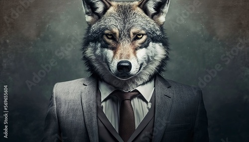 Portrait of a Gray Wolf in a Business Suit Ready for Action. GENERATED AI.
