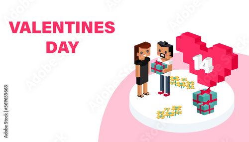 Valentine day concept. Red pixel heart flower with sweet couple on honeymoon vacation summer holidays romance. Love isometric concept. Happy Valentines Day 14. Love, honesty, romantic, relationship