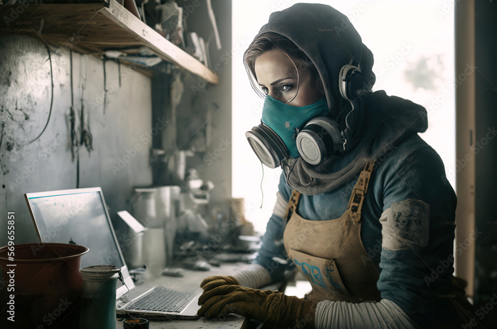 Generative AI illustration of photography of a working woman 55 years old in a factory Generative AI illustration of photography of a working woman 55 years old in a factory