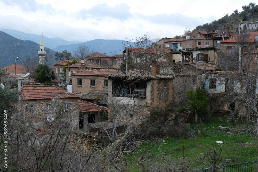 izmir, bayındır, yusuflu, Turkey 02.06.2023 
A view from the historic village with stone-walled houses with wooden windows and doors