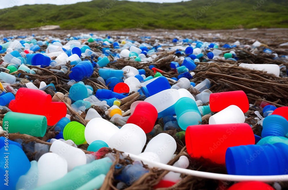 Waterfront scrapheap pile of garbage. Heap of plastic bottles rubbish