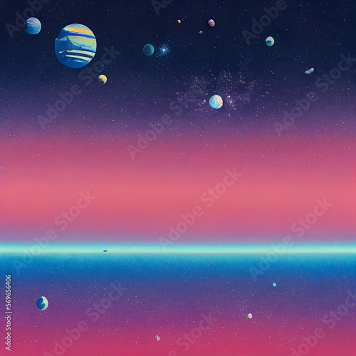 Space landscape, vintage poster style, cosmic miasma, Pop Art, Abstract, Crazy, and Psychedelic Background Generative AI