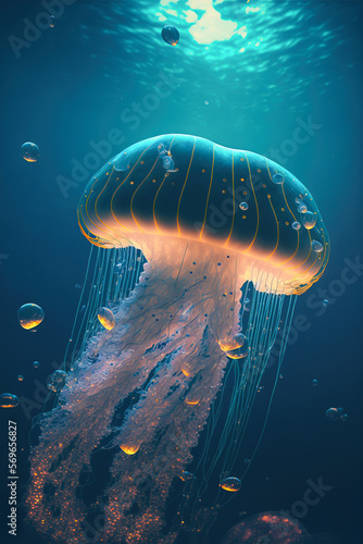 huge jellyfish at the bottom of the sea with sunlight spilling over its rubbery surface. seabed creature, created with Generative AI technology © Fernando Cortés