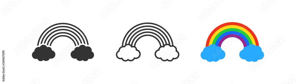 Rainbow in clouds icon on light background. Spring, hapinness symbol. Rain, weather forecast concept. Children, summertime. Outline, flat, and colored style. Flat design. Vector illustration. Rainbow in clouds icon on light background. Spring, hapinness symbol. Rain, weather forecast concept. Children, summertime. Outline, flat, and colored style. Flat design. Vector illustration.