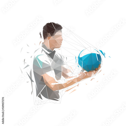 Bowling, low polygonal player rolls ball toward pins, isolated vector illustration, geometric drawing, front view. Bowling logo