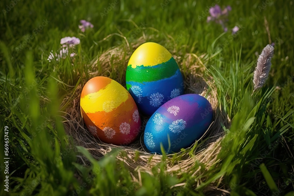 Easter celebration: colorful Easter eggs in nest between the grass. AI Easter celebration: colorful Easter eggs in nest between the grass. AI