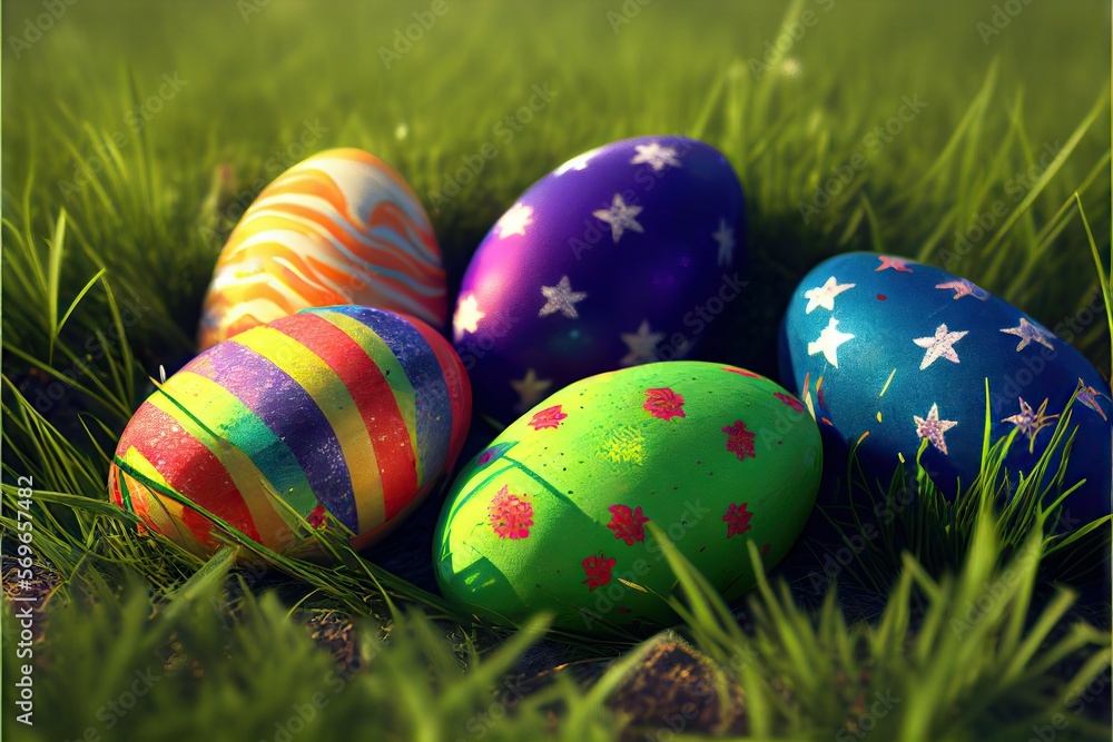 Easter celebration: colorful easter eggs in nest between the grass. AI Easter celebration: colorful easter eggs in nest between the grass. AI