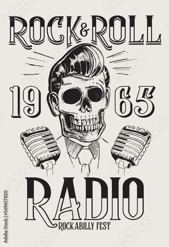 vector hand drawing skull rock and rool radio print