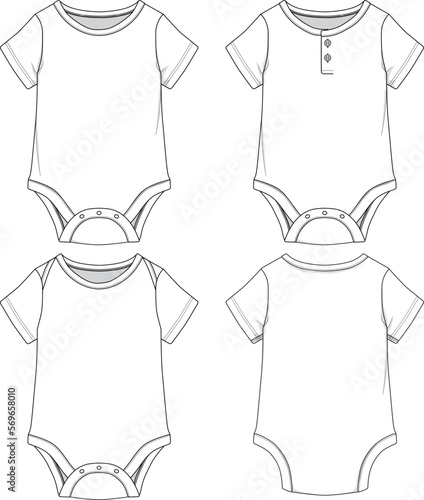 Infant Baby Toddler Short-Sleeve Bodysuit Mockup Sketch Template Technical CAD Illustration