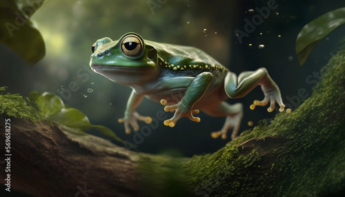 a green frog is hopping in a tropical forest.Generate AI © wannn