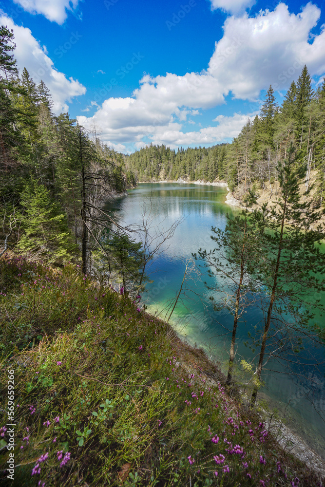 lake in a mountain and forest scenery. beautiful lake Erlaufstausee in Austria in famous hiking area Oetscherland