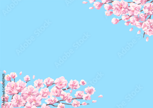 桜の花が咲く風景イラスト, デザイン用の背景素材, 抽象的イラストと無地の青色背景.