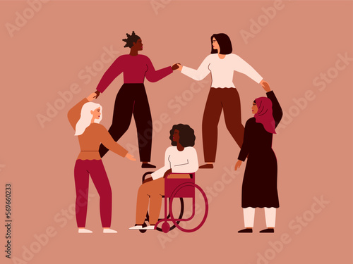 Women support Woman with disability in the wheelchair. Female community connected together and hold hands. Psychological help and social aid for people with mobility problems. Vector illustration
