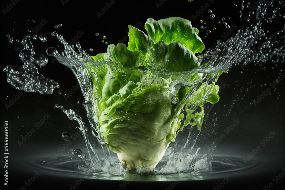 Lettuce splashed or thrown in water. Water splash fresh fruit creative concept idea. Ai generated Lettuce splashed or thrown in water. Water splash fresh fruit creative concept idea. Ai generated